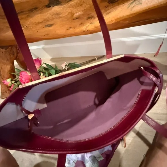 Ted Baker London Pink and Burgundy Floral Tote Bag Rose Gold Accents - Picture 6 of 16
